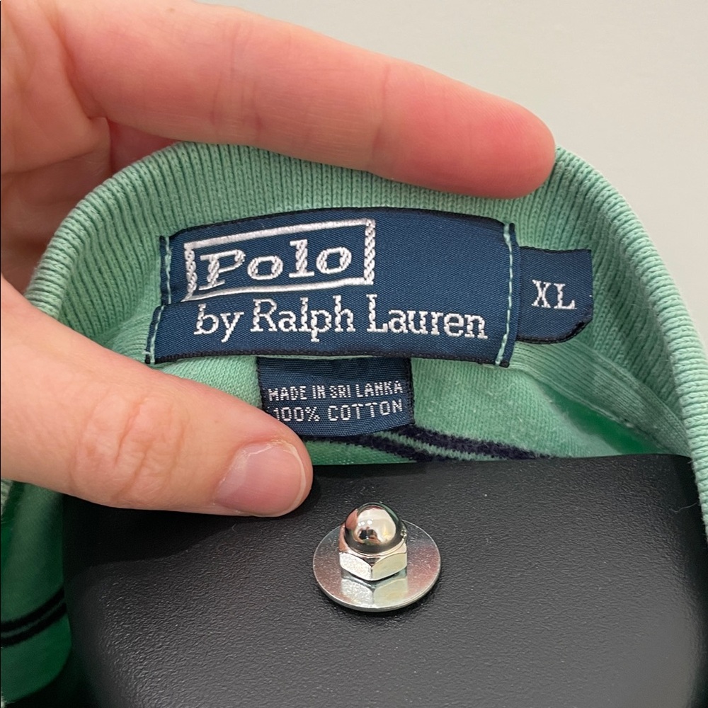 Vintage Ralph Lauren Green Polo with Navy Stripes 100% Cotton - Picture 2 of 3